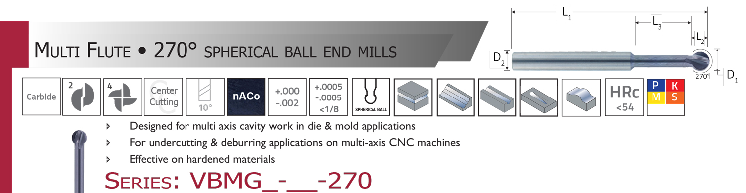 1//8/" Dia 300° 1.5/"Long//.093/" Reach Spherical 4FL Carbide End Mill nACo Melin USA