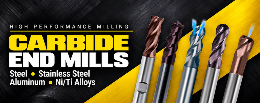 Guhring carbide end mills for machining steel, stainless steel, aluminum, and nickel/titanium alloys.