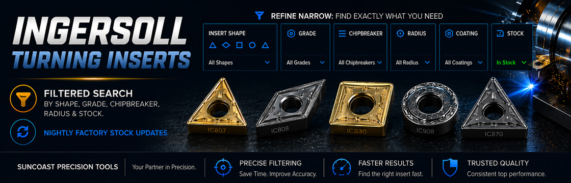 Banner for Ingersoll Turning Inserts filtered search at Suncoast Precision Tools, featuring insert shape, grade, chipbreaker, radius, coating, and stock filters with factory stock updates.