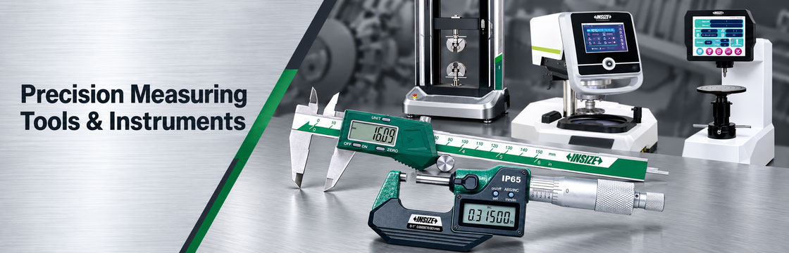INSIZE digital caliper and micrometer with material testing and hardness testing equipment.