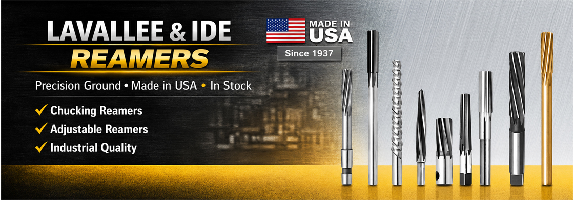 Collection of Lavallee & Ide precision reamers including chucking, taper, shell, adjustable, and carbide tipped reamers made in USA