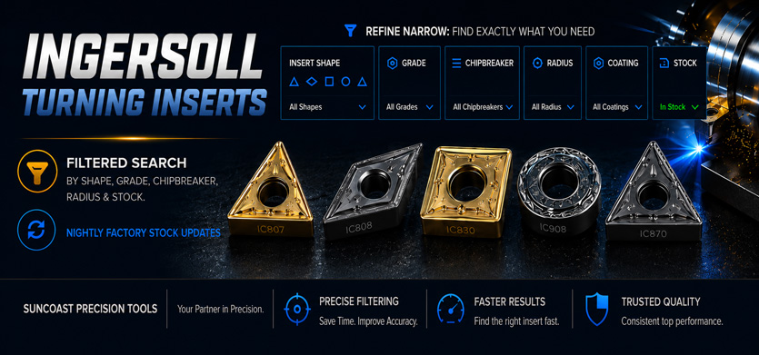 Banner for Ingersoll Turning Inserts filtered search at Suncoast Precision Tools, featuring insert shape, grade, chipbreaker, radius, coating, and stock filters with factory stock updates.