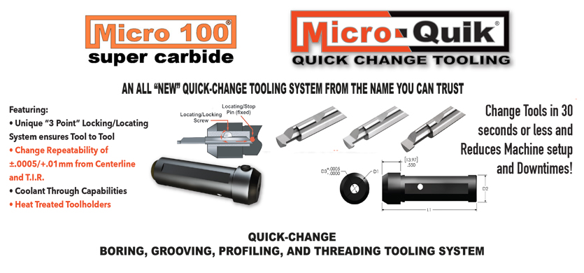 Micro 100 QPF-050500X Quick Change Boring and Profiling Tool 1.27 mm 0.025 Minimum Bore Diameter Tool Radius Solid Carbide Tool 0.1875 0.064 mm Projection 0.050 AlTiN Coated 0.005 0.500 Shank 4.8 mm 12.7 mm Maximum Bore Depth 0.13 mm 