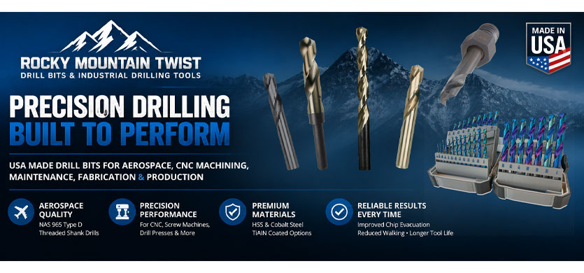 Rocky Mountain Twist USA made drill bits including cobalt drills, NAS 965 threaded shank drills, screw machine drills, and industrial drilling tools